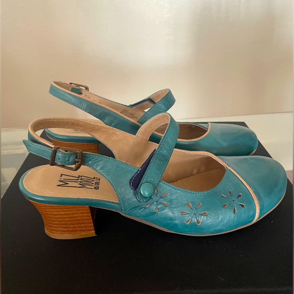 Miz Mooz firefly heel Mary Jane sling back heels marine teal leather size 11